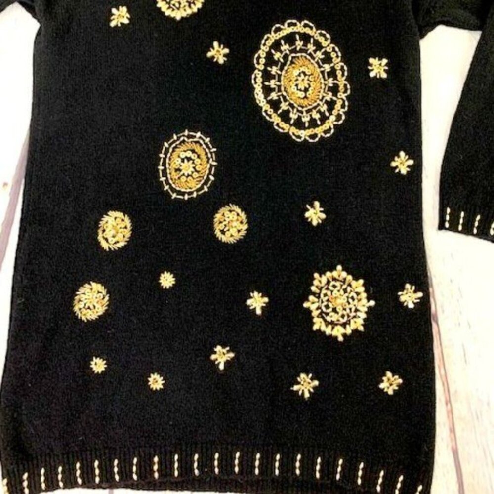 80s VTG MARSHALL ROUSSO GOLD BEADED LONG SWEATER - M - Picture 3 of 6